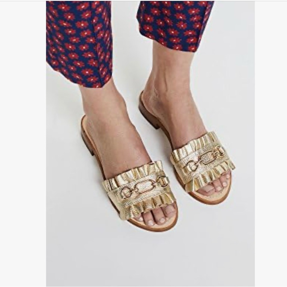 Kate Spade Ruffle Beau Leather Slide Sandal Gold Sz 8
